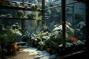 Winter garden inside greenhouse with flowers and plants under snow. AI generated pro photo
