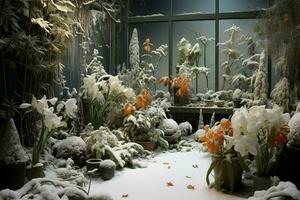 Winter garden inside greenhouse with flowers and plants under snow. AI generated pro photo
