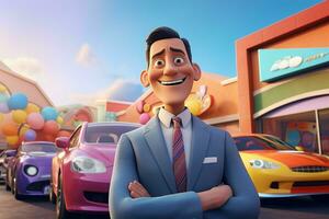 3d illustration of a cartoon businessman standing in front of a car park. ai generated pro photo