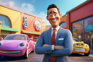 3d illustration of a cartoon businessman standing in front of a car park. ai generated pro photo