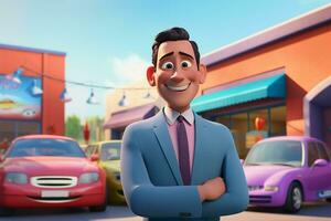 3d illustration of a cartoon businessman standing in front of a car park. ai generated pro photo