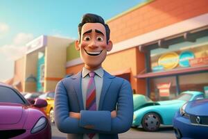 3d illustration of a cartoon businessman standing in front of a car park. ai generated pro photo