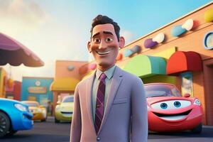 3d illustration of a cartoon businessman standing in front of a car park. ai generated pro photo