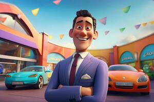 3d illustration of a cartoon businessman standing in front of a car park. ai generated pro photo