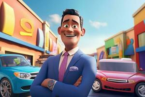 3d illustration of a cartoon businessman standing in front of a car park. ai generated pro photo