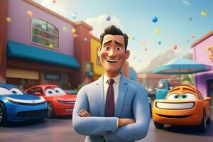 3d illustration of a cartoon businessman standing in front of a car park. ai generated pro photo