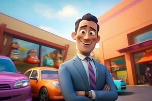 3d illustration of a cartoon businessman standing in front of a car park. ai generated pro photo