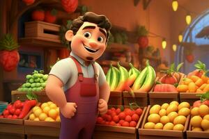 un dibujos animados personaje en un tienda de comestibles Tienda de venta fruta. ai generado Pro foto