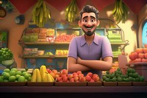 un dibujos animados personaje en un tienda de comestibles Tienda de venta fruta. ai generado Pro foto