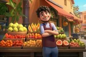 un dibujos animados personaje en un tienda de comestibles Tienda de venta fruta. ai generado Pro foto