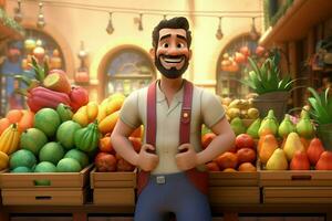 un dibujos animados personaje en un tienda de comestibles Tienda de venta fruta. ai generado Pro foto