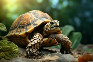 African spurred tortoise Geochelone sulcata on sand. ai generated pro photo