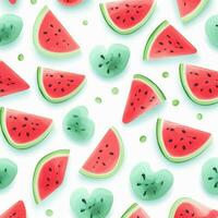 Watermelon seamless pattern. Hand drawn watermelon slices and hearts on white background. ai generated photo