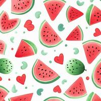 Watermelon seamless pattern. Hand drawn watermelon slices and hearts on white background. ai generated photo