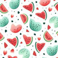 Watermelon seamless pattern. Hand drawn watermelon slices and hearts on white background. ai generated photo