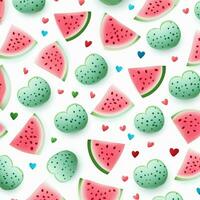 Watermelon seamless pattern. Hand drawn watermelon slices and hearts on white background. ai generated photo