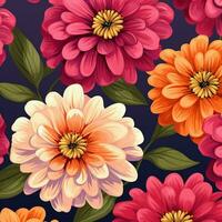 Seamless pattern with flowers illustration in retro style. Ai generated photo