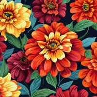 Seamless pattern with flowers illustration in retro style. Ai generated photo