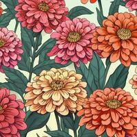 Seamless pattern with flowers illustration in retro style. Ai generated photo