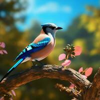 Blue jay bird sitting on a branch in the autumn forest. ai generated pro photo