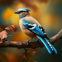 azul arrendajo pájaro sentado en un rama en el otoño bosque. ai generado Pro foto