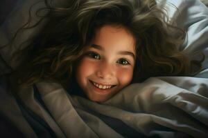 beautiful little girl lying in bed under blanket and smiling at camera. ai generated pro photo