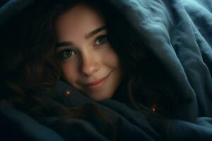 retrato de hermosa joven mujer acostado en cama debajo blanco frazada. ai generado Pro foto