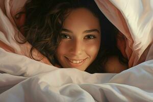 Portrait of beautiful young woman lying in bed under white blanket. ai generated pro photo