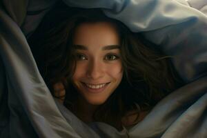 Portrait of beautiful young woman lying in bed under white blanket. ai generated pro photo