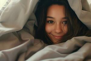 Portrait of beautiful young woman lying in bed under white blanket. ai generated pro photo