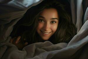 retrato de hermosa joven mujer acostado en cama debajo blanco frazada. ai generado Pro foto