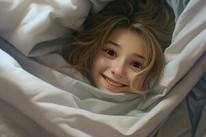 beautiful little girl lying in bed under blanket and smiling at camera. ai generated pro photo