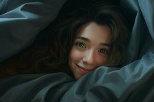 Portrait of beautiful young woman lying in bed under white blanket. ai generated pro photo