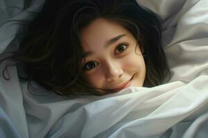 beautiful little girl lying in bed under blanket and smiling at camera. ai generated pro photo