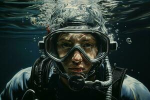 Portrait of a diver under the sea. ai generated pro photo