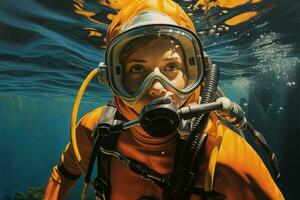 Portrait of a diver under the sea. ai generated pro photo