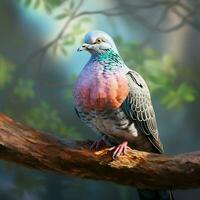 Pigeon sitting on a tree branch in the autumn forest. ai generated pro photo