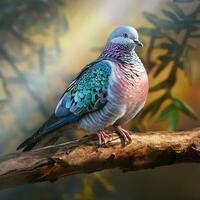 Pigeon sitting on a tree branch in the autumn forest. ai generated pro photo
