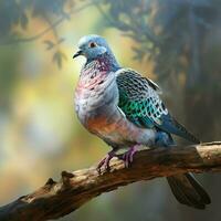 Pigeon sitting on a tree branch in the autumn forest. ai generated pro photo