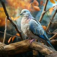 Pigeon sitting on a tree branch in the autumn forest. ai generated pro photo