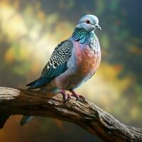 Pigeon sitting on a tree branch in the autumn forest. ai generated pro photo