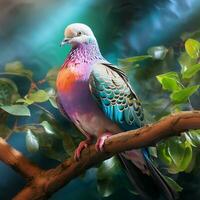 Pigeon sitting on a tree branch in the autumn forest. ai generated pro photo
