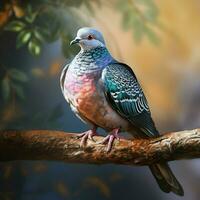 Pigeon sitting on a tree branch in the autumn forest. ai generated pro photo