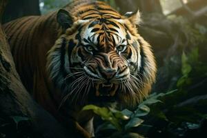 cerca arriba de un Tigre en el selva, panthera tigris altaica. ai generado Pro foto