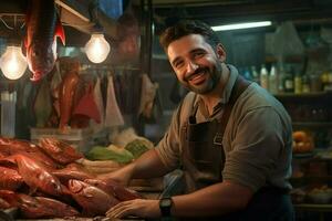 Portrait of a smiling middle-aged man selling fresh fish in a fish shop. ai generated photo