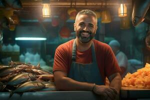 Portrait of a smiling middle-aged man selling fresh fish in a fish shop. ai generated photo