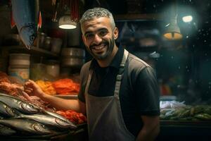 retrato de un sonriente de edad mediana hombre de venta Fresco pescado en un pescado tienda. ai generado foto