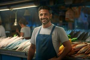 retrato de un sonriente de edad mediana hombre de venta Fresco pescado en un pescado tienda. ai generado foto