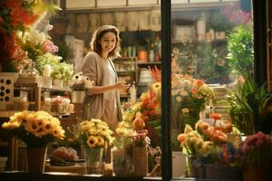 retrato de un sonriente famale florista en pie en flor tienda. ai generado Pro foto