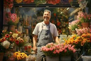 retrato de un sonriente masculino florista en pie en flor tienda. ai generado Pro foto